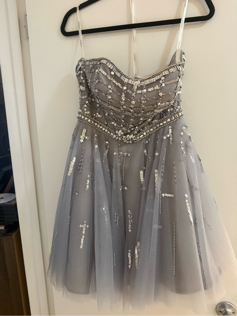Tony Bowls Silver-Gray Lined Evening Dress